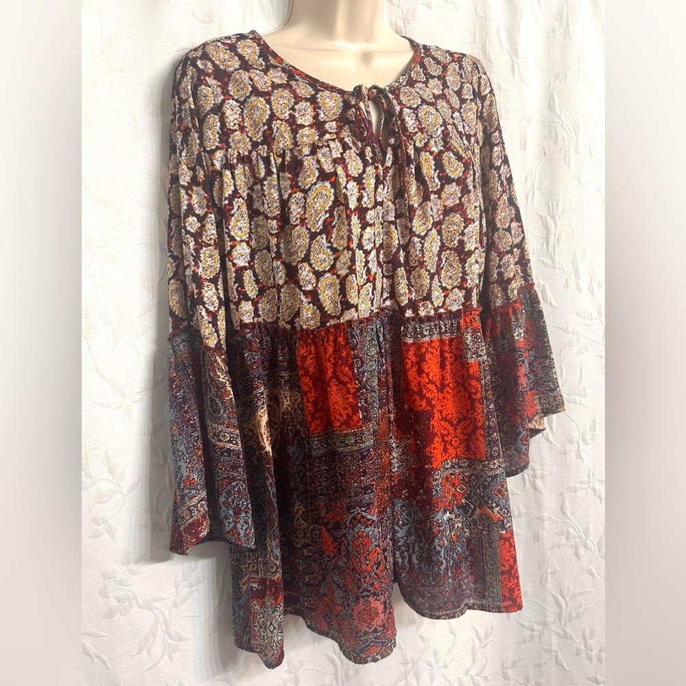 Olive Hill Anthropologie Bohemian Patchwork Colorful Wings 3/4 Sleeves Blouse XL - Picture 3 of 6